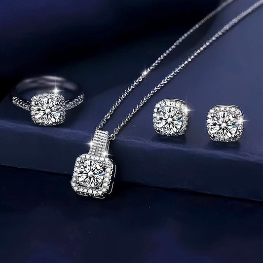 3 Pcs Silver Plated Square Design Crystal Jewelry Set