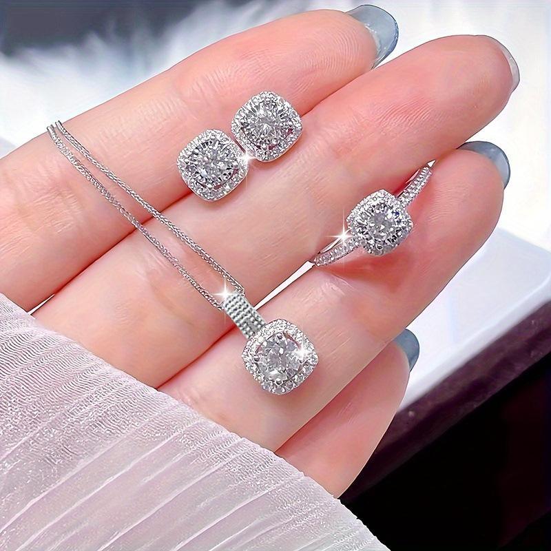 3 Pcs Silver Plated Square Design Crystal Jewelry Set