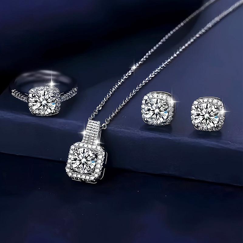 3 Pcs Silver Plated Square Design Crystal Jewelry Set