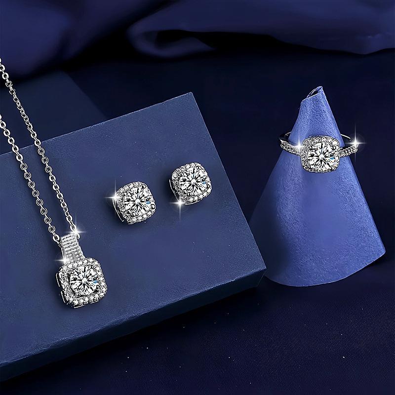 3 Pcs Silver Plated Square Design Crystal Jewelry Set