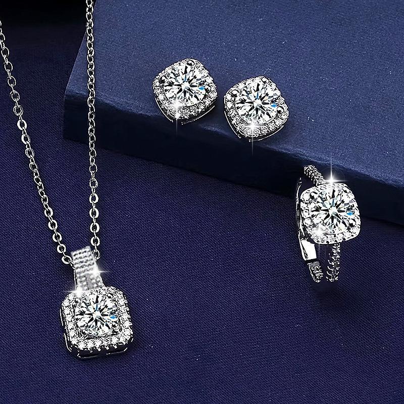 3 Pcs Silver Plated Square Design Crystal Jewelry Set