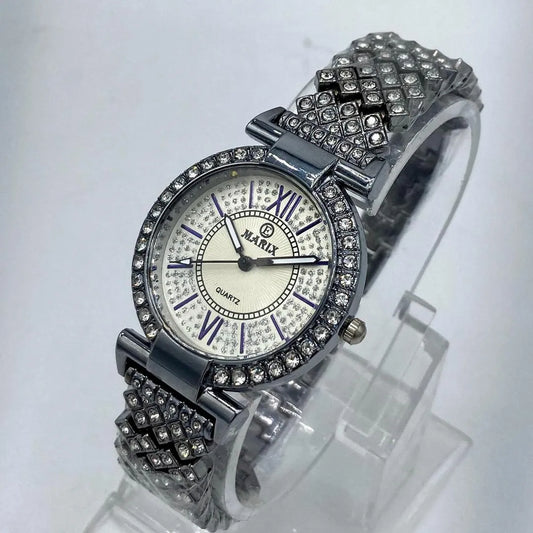 Women's MARIX Elegant Silver Ladies Quartz Watch with Crystal-Studded Dial & Bracelet